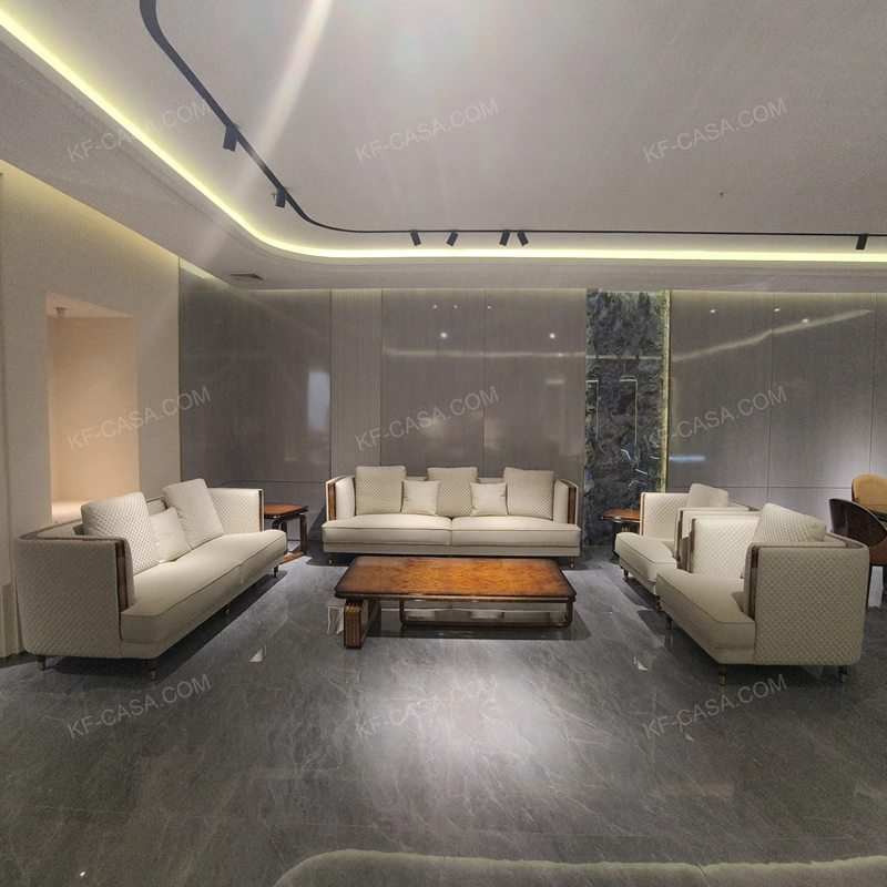 Light Beige Leather Sofa Set with Diamond Quilted Craftsmanship, Natural Wood Veneer & Gold-Tipped Stainless Steel Wooden Legs
